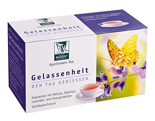 BADERs Apotheken-Tee Gelassenheit Lavendel Baldrian Melisse. Den Tag genießen, in der Nacht gut schlafen. Vegan. Glutenfrei. Pharmazentralnummer: 09738486