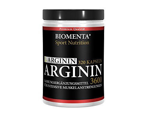 Biomenta L-Arginin 3600 hochdosiert - 320 St. für 3,5 - 4 Monate - allergikergeeignet - deutsche Qualität mit 913 mg L Arginin Pulver je Kapsel (3652 mg Tagesdosis), reines Arginine ohne Zusätze, für aktive Frauen und Männer