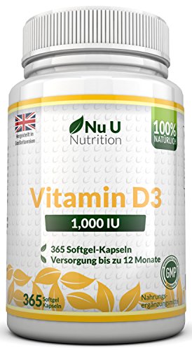 Vitamin D3 1000IU von Nu U, 365 Softgel-Kapseln (Jahresversorgung) - 100% GELD-ZURÜCK-GARANTIE - Vitamin D stärkt die Knochen, Zähne und das Immunsystem - keine künstlichen Zusatzstoffe - Hohe Stärke 1000IU