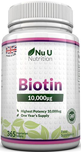Biotin Haarwuchs - Ergänzungsmittel, 365 Tabletten (Versorgung für ein ganzes Jahr) Nu U hochdosiertes Biotin 10,000 mcg, Vitamin B7 für gesunde Haare, Nägel und Haut - für Vegetarier geeignet