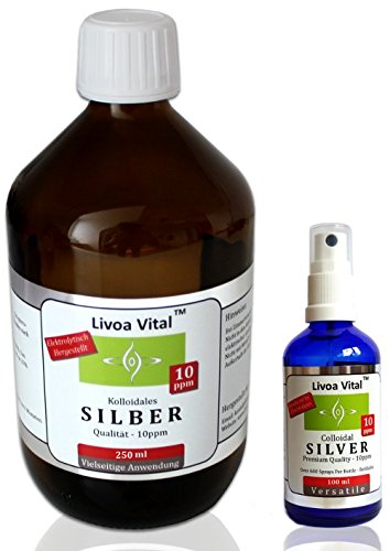 Kolloidales Silber 10ppm/250ml - Beste Qualität Durch Spezielles Verfahren - Mit Gratis Spray Sprühflasche - Höchstmögliche Reinheitsstufe von 99,99% - Besser als 25ppm/50ppm - Antibiotische Wirkung, Entzündungshemmend, Zur Stärkung des Immunsystems - Für Mensch, Tier und Pflanze!