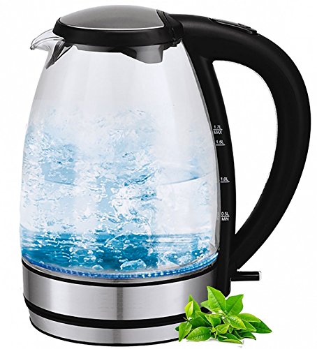 Glas Edelstahl Wasserkocher 2.200 Watt 1,7 Liter LED Beleuchtung kabellos 360° (Glas-EDELSTAHL)