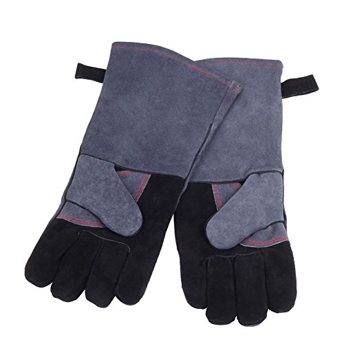 GHB Backhandschuhe Ofenhandschuhe Grillhandschuhe Handschuhe, 1 Paar Ultra Leder Grill Handschuhe für Raucher, Backofen & Outdoor Grill - Schwarz