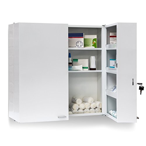 Relaxdays Medikamentenschrank Stahl XXL H x B x T: 53 x 53 x 20 cm mit 11 Ablagen für viel Stauraum und Tür zum Abschließen samt 2 Schlüsseln Medizinschrank in modernem Stil fürs Bad, weiß