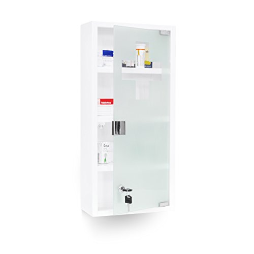 Relaxdays Medizinschrank EMERGENCY XXL Medikamentenschrank Metall und Glas Apothekerschrank fürs Bad HxBxT 57 x 27 x 12 cm mit magnetischer Glas-Tür 4 Ablagen für Medikamente und Verbandszeug, weiß