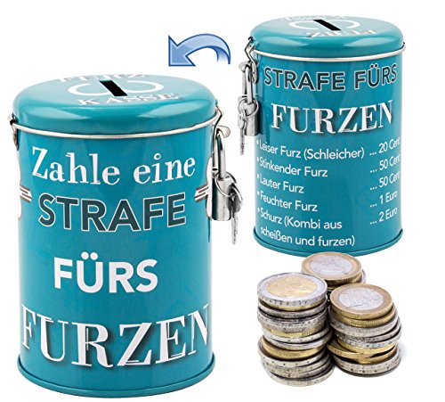 Die legendäre Furzkasse - stabile Spardose Metalldose mit Schloss und Schlüssel. Bei jedem Furz muss eine Strafe bezahlt werden! Zusatzeinkommen für den Haushalt durch die Strafkasse.