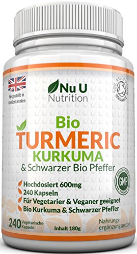 Bio Curcuma - Kurkuma Kapseln Hochdosiert 600mg, 240 Kapseln mit Biologischem Schwarzem Pfeffer|Für Vegetarier & Veganer geeignet|Bio zertifiziert von der SOIL ASSOCIATION & Hergestellt