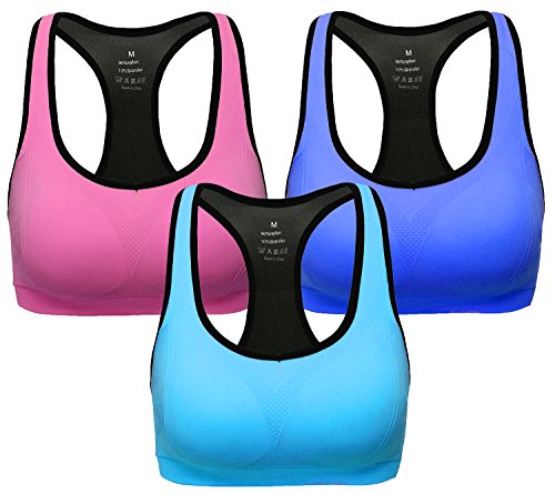 ANGOOL Damen Komfort Klassische Racerback Sport BH Top Fuer Yoga Fitness-Training(XL,Rosa+blau+azurblau)