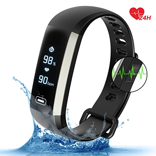 Fitness Armband Uhr mit Pulsmesser Blutdruck Monitor Fitness Tracker Wasserdicht Aktivitätstracker Schrittzähler Schlaf Monitor,Kalorienzähler Anruf / SMS Benachrichtigung für Android 4.4, IOS 8.0 (Schwarz)