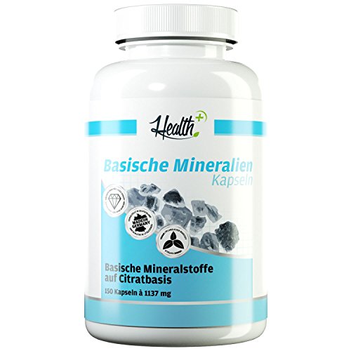 HEALTH+ Basische Mineralien Basen Citrate 150 Kapseln, organische Mineralstoffe und Spurenelemente - Magnesium, Kalzium, Kalium, Citratbasis, reguliert Säure-Basen-Haushalt, Made in Germany