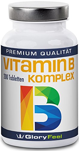 Vitamin B Komplex Hochdosiert - Der VERGLEICHSSIEGER 2018* - 200 Tabletten - Alle 8 B-Vitamine in einer Tablette Ohne Magnesiumstearate - B1 B2 B3 B5 B6 B7 (Biotin) B9 (Folsäure) und B12 - Über 6 Monte Vitamin-B von GloryFeel